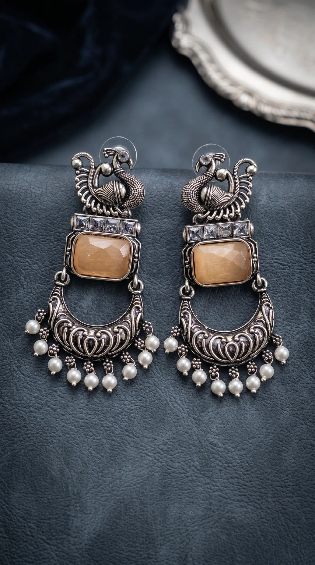 Antique Peacock Motif Square Stone & Crystal Drop Earrings in Cream Tone for Women (Fashion Jewellery) - Cream