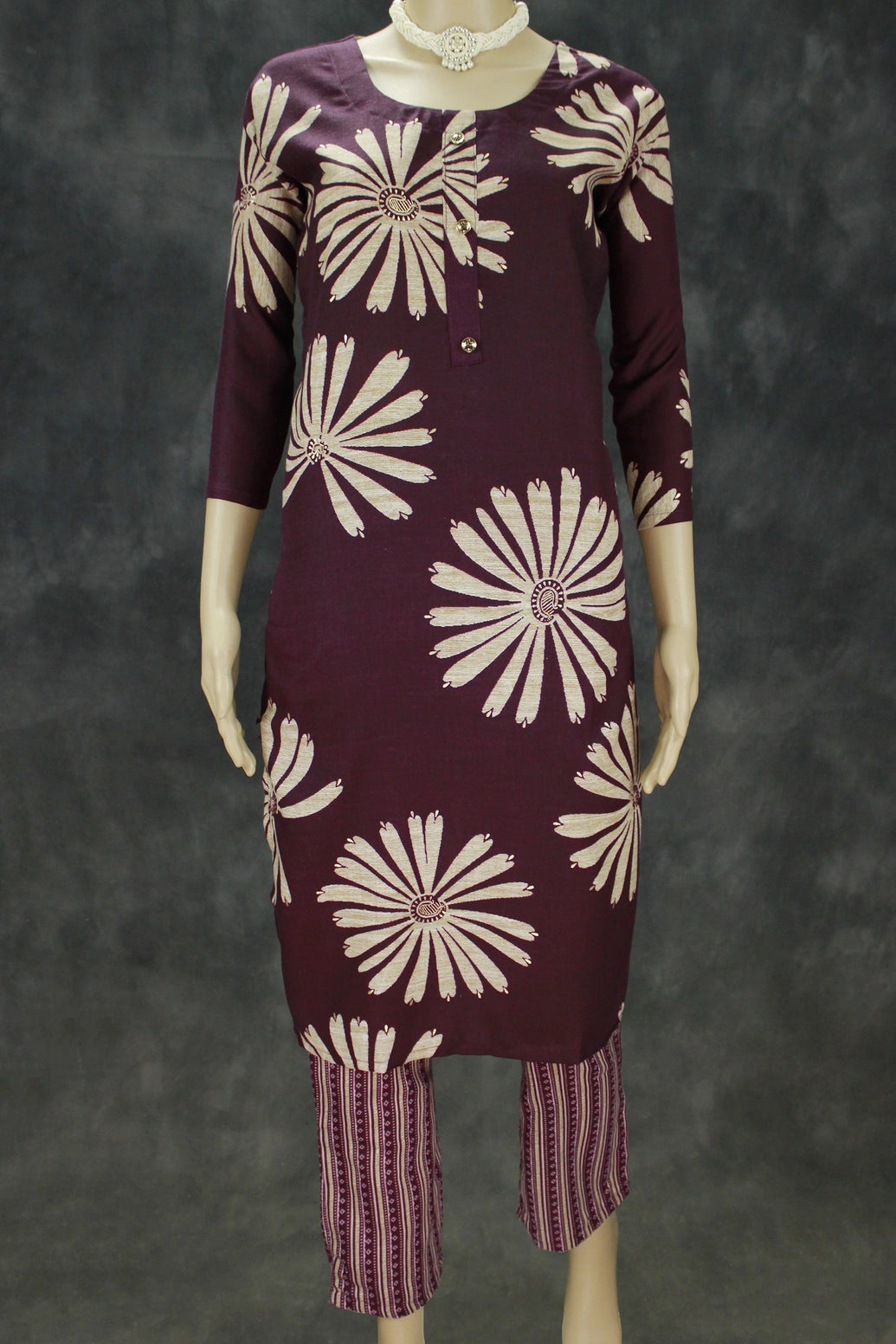 Dark Purple Floral Printed Kurta Set with Striped Elastic Pants - 2 Piece Rayon-Cotton Kurti Pajama for Casual Ethnic Wear - Dark Purple