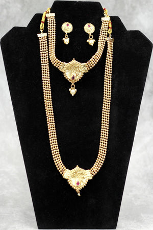 Gold-Tone Peacock Pendant Long & Short Necklace Set with Matching Earrings for Traditional Indian Wear