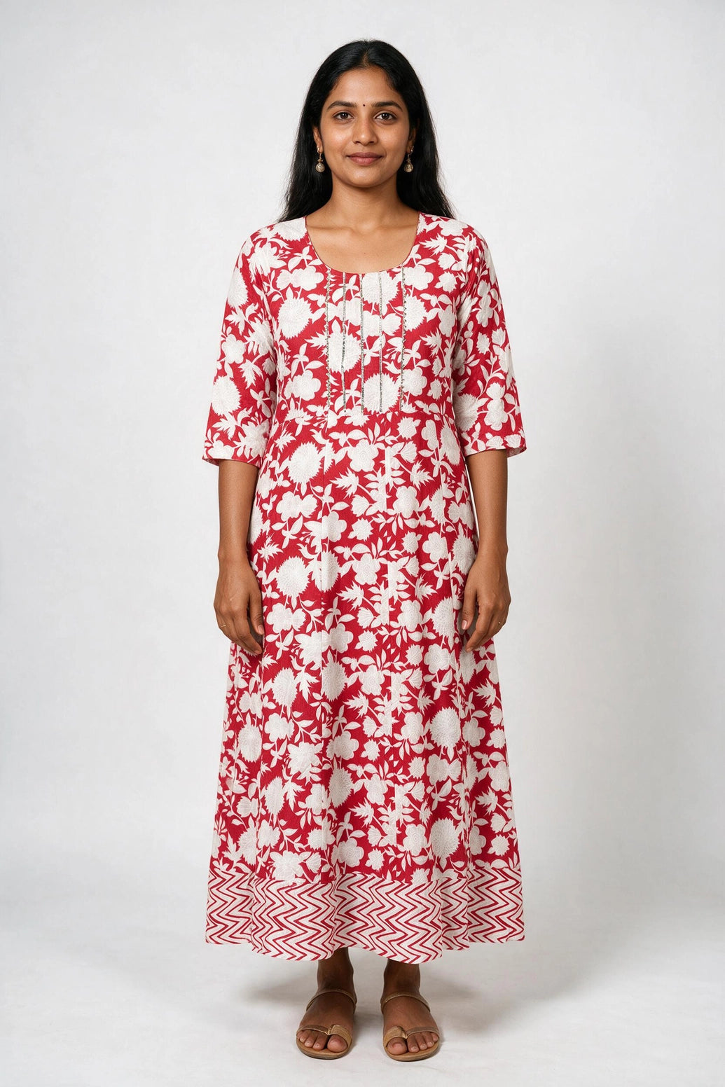 Pink Cotton Anarkali Gown with Geometric & Floral Print, Golden Piping and Dori Detail for Women - Pink