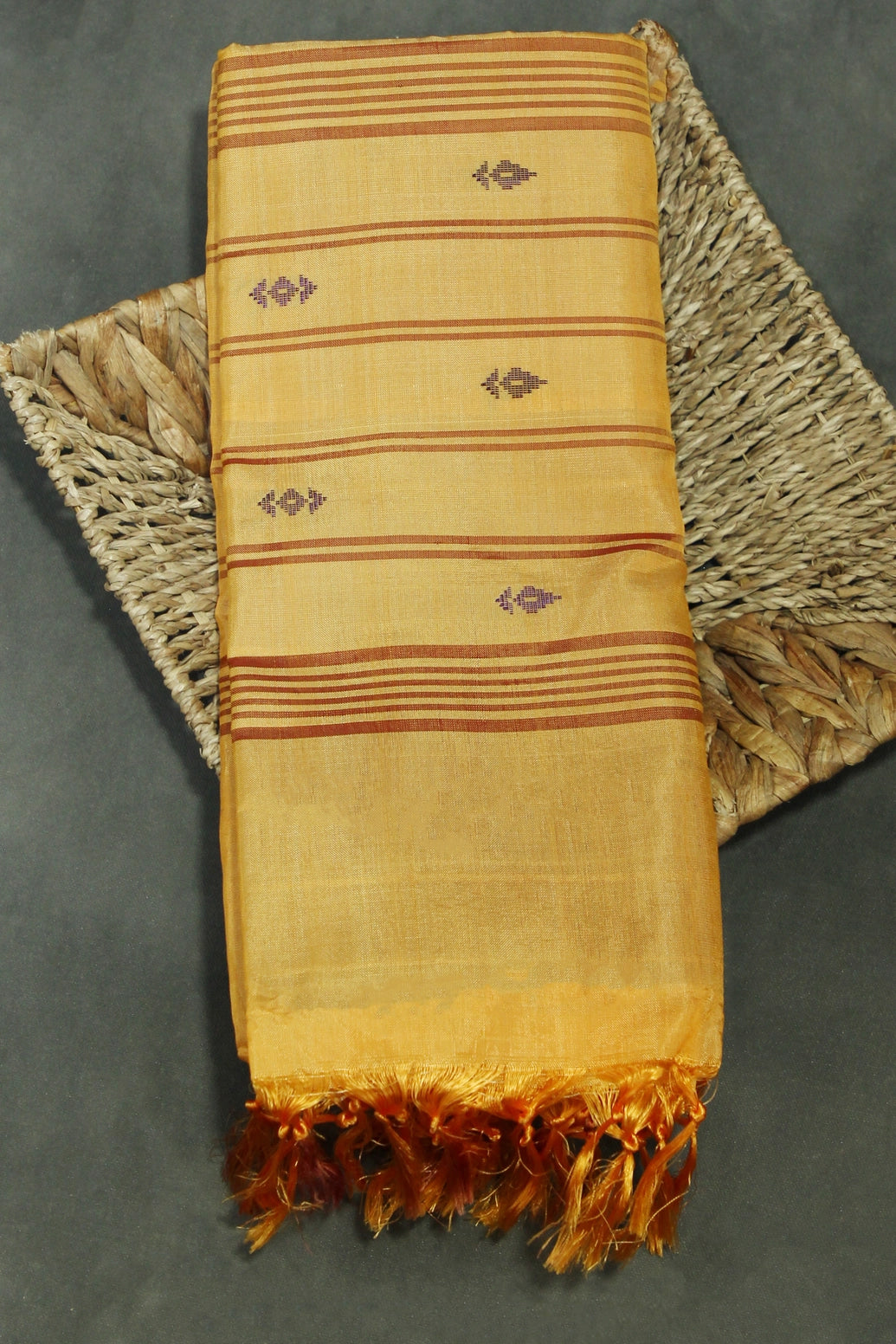 Traditional Orange Vaazhai Naar (Banana Pith) Borderless Saree with Small Butta Motifs and Contrast Pallu - Orange