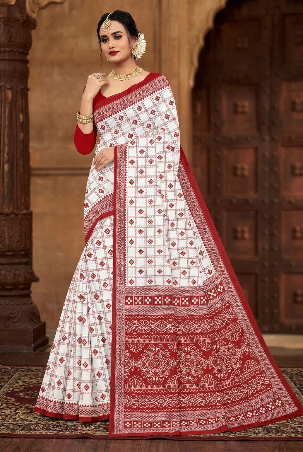 Red Velvet Printed Pure Cotton Saree with Border, White Base, Saree Only (Blouse Not Included), Ajmera Fashion - White