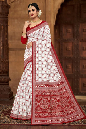 Red Velvet Pure Cotton Printed Saree with All-Over Motifs and Contrast Border for Women