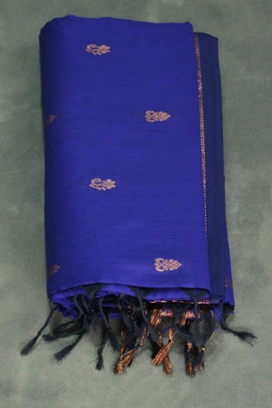Navy Blue Kalyani Cotton Saree with Putta Design and Zari Border with Blouse