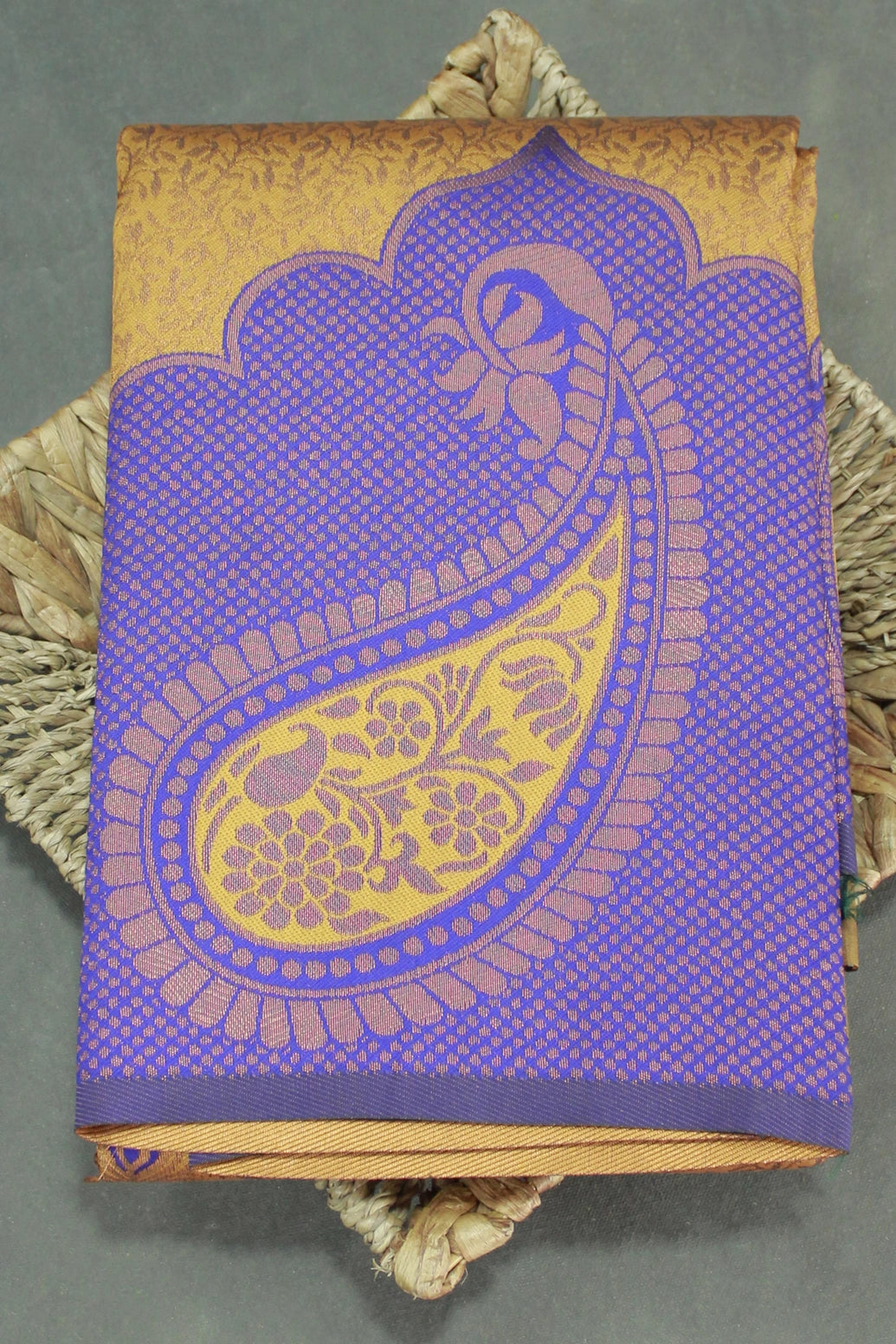 Golden Kubera Pattu Saree with Mango Design Border, Comes with Blouse - Golden