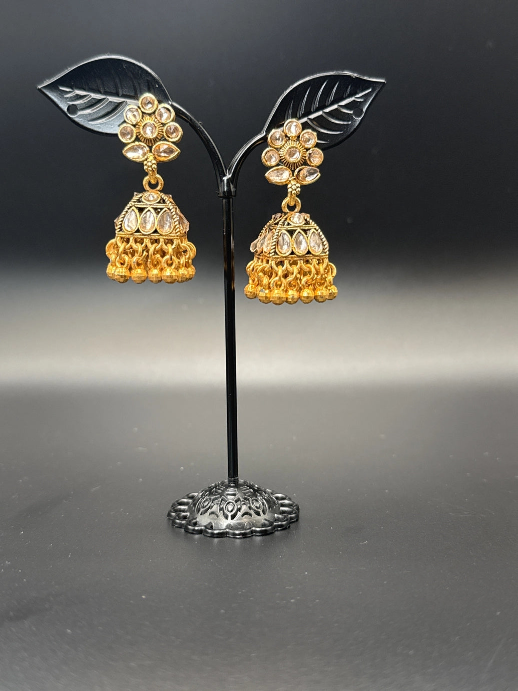 Antique Gold Kundan Style Jhumka Earrings with Crystal Drops