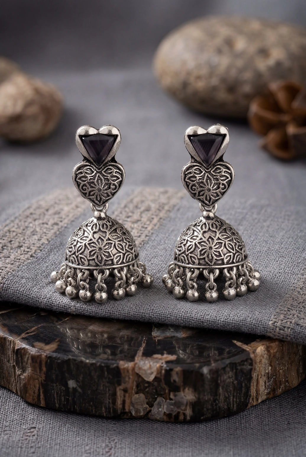 Heart Top Oxidized Silver-Tone Jhumka Earrings with Triangular Stone Accent and Ghungroo Drops