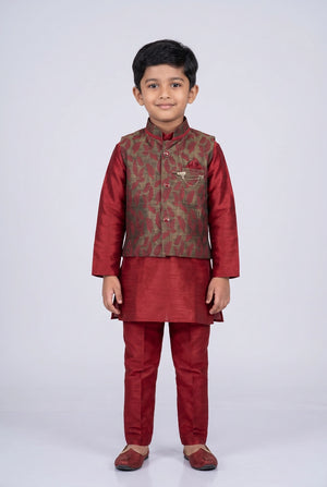 Maroon Boys Koti 3-Piece Kurta Set with Nehru Waistcoat, Matching Pants & Decorative Brooch