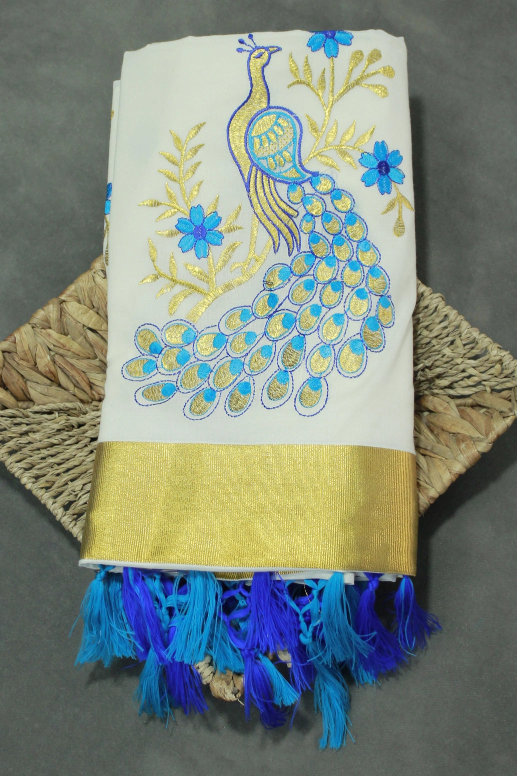 Half White Cotton Kerala Peacock Embroidery Saree with Golden Zari Border and Thread Work - Half White