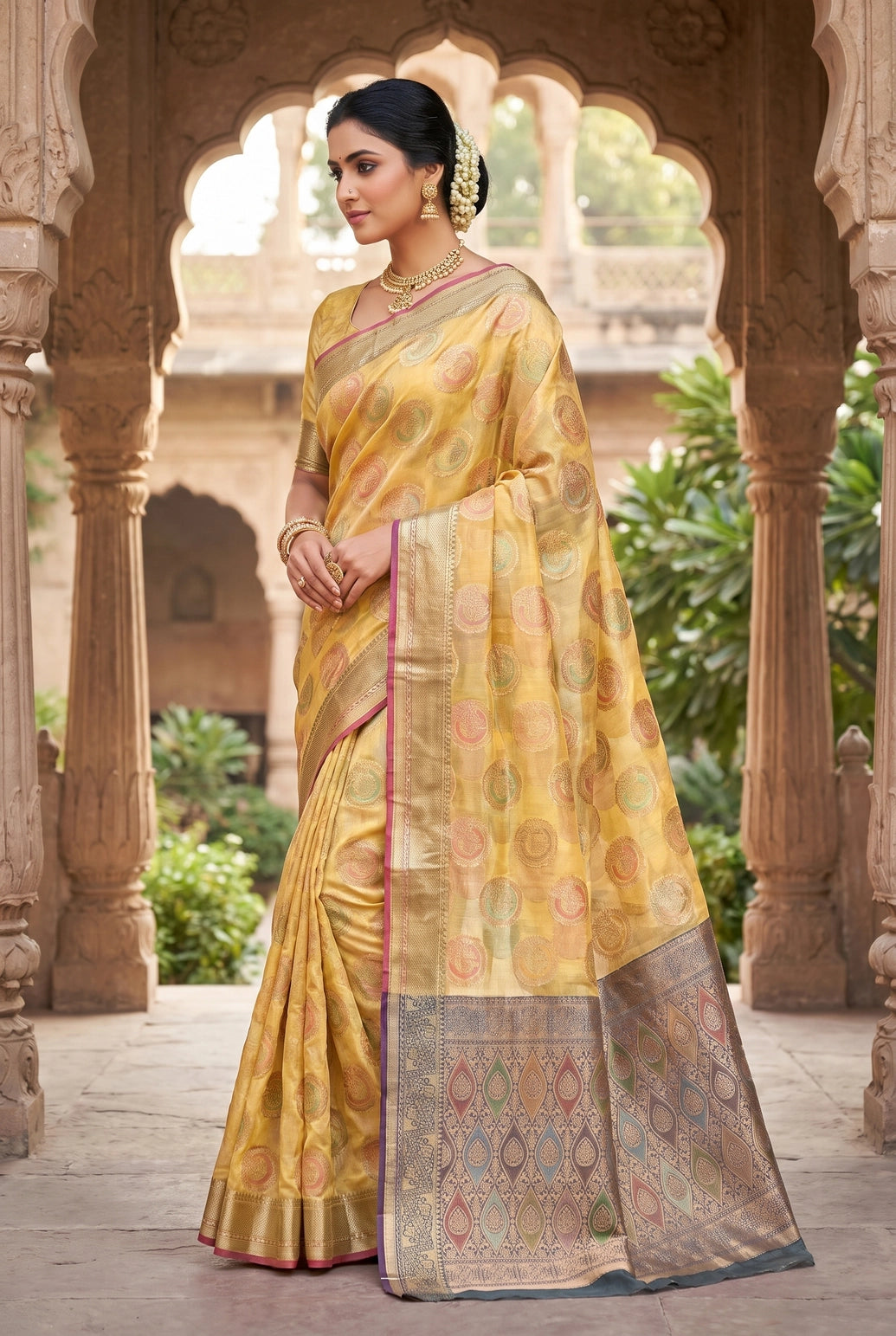 Ajmera Fashion Cotton Oraganza Blue Moon Saree with Grand Pallu, Zari Weaving Border and Blouse Piece - Green with Orange