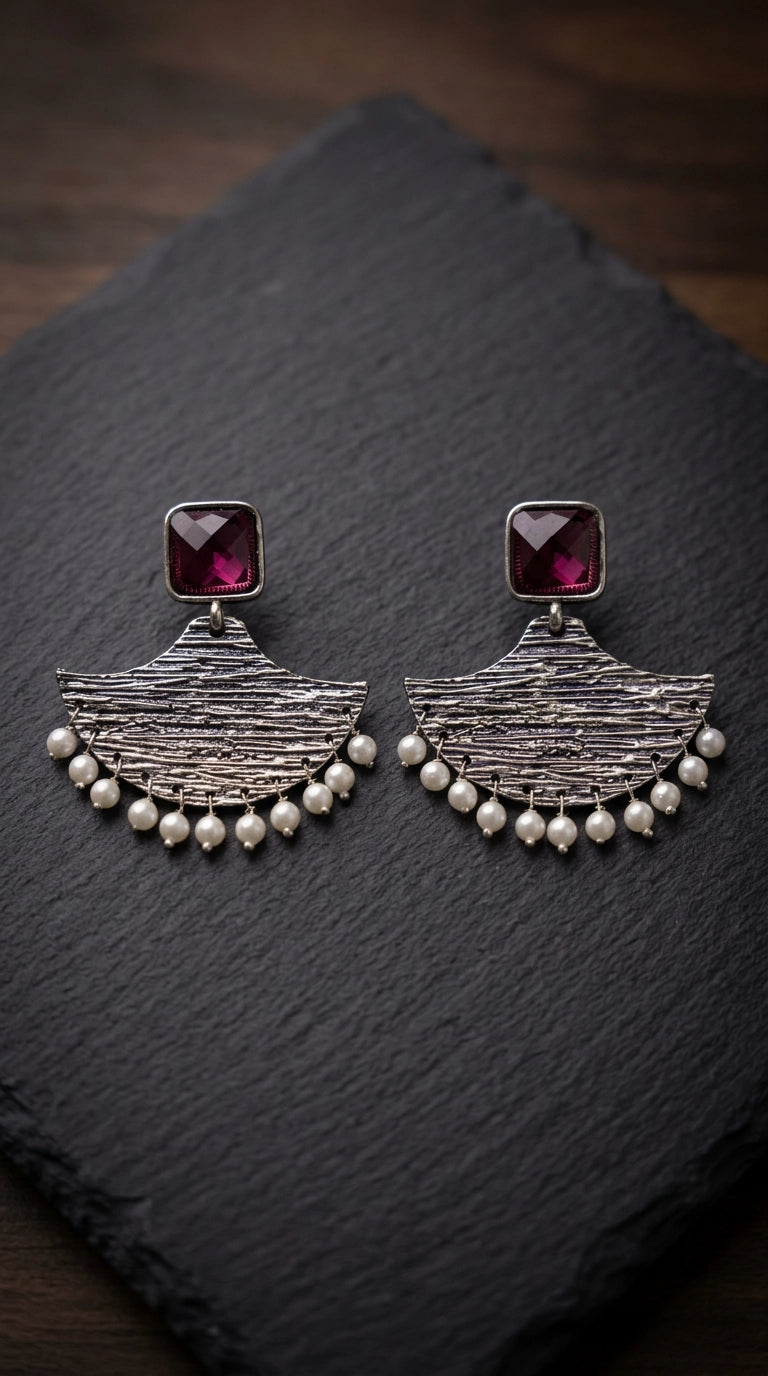 Maroon Stone Tassel Earring with Textured Triangular Dangle, Silver-Tone Party Wear Jewellery - Maroon