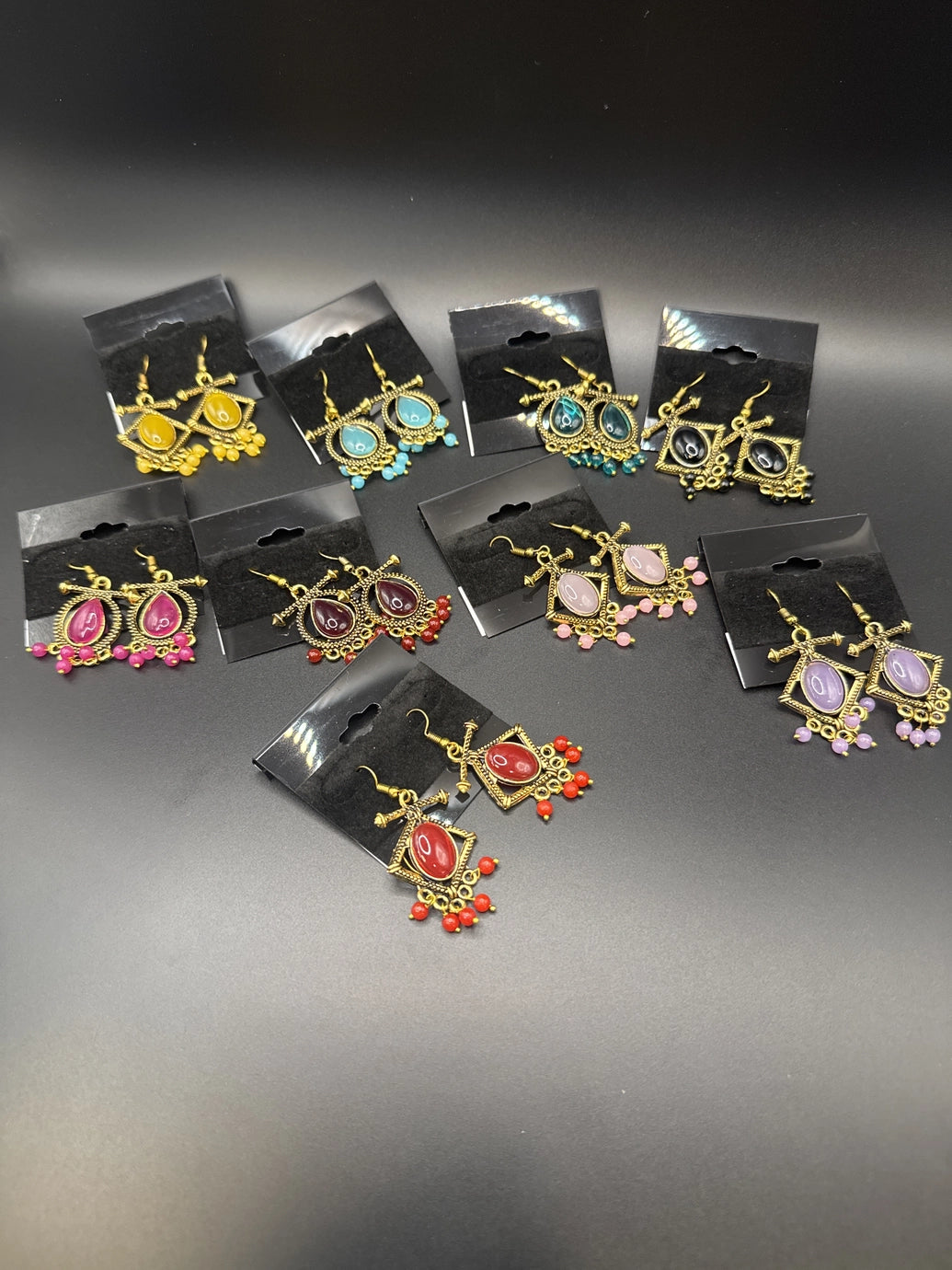 Antique gold-tone drop earrings with stone cabochon & bead dangles