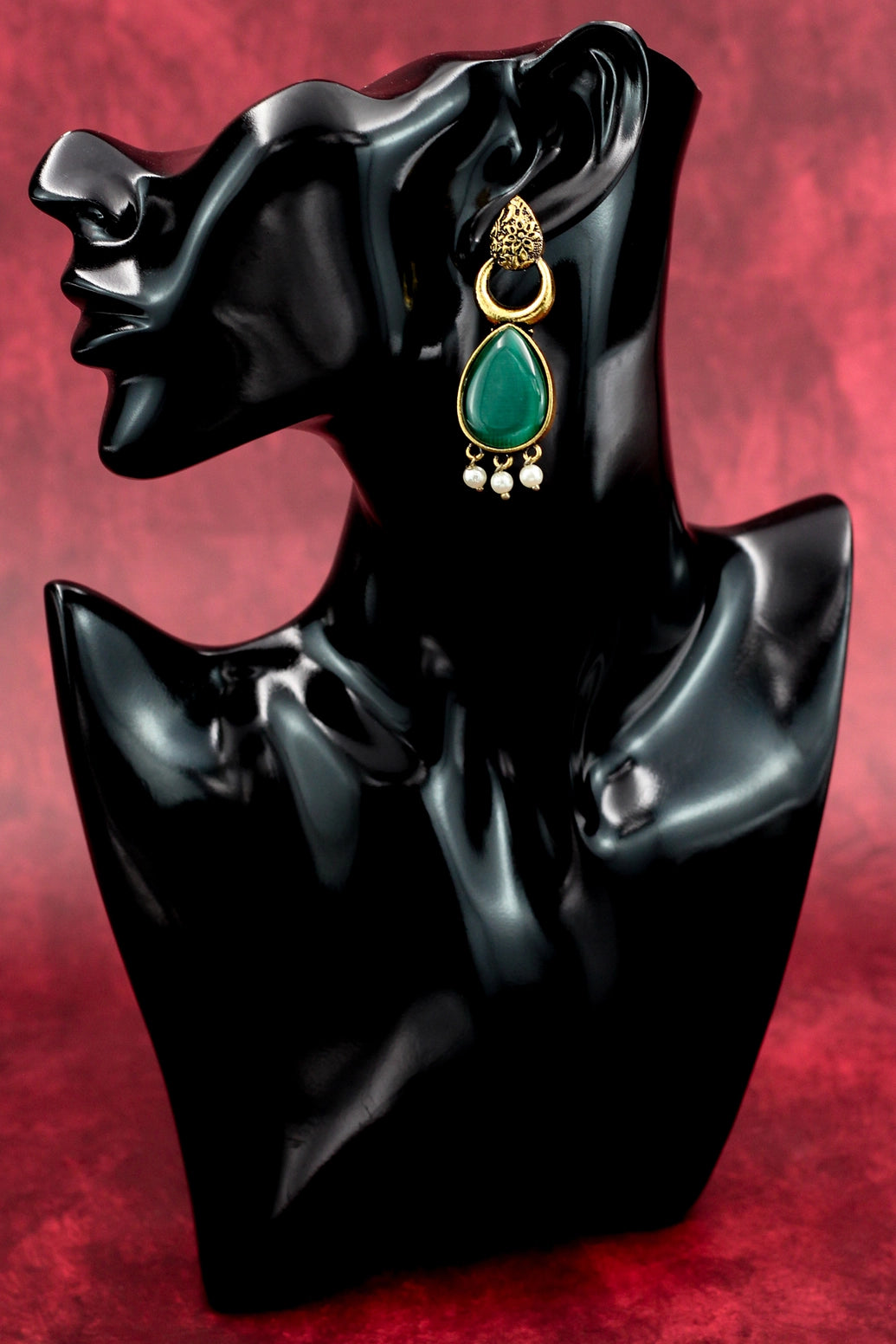Gold-Tone Green Teardrop Earrings with Pearl Drops — Ethnic Fashion Jewellery Jewelry JCS Fashions Green 2.5 inch