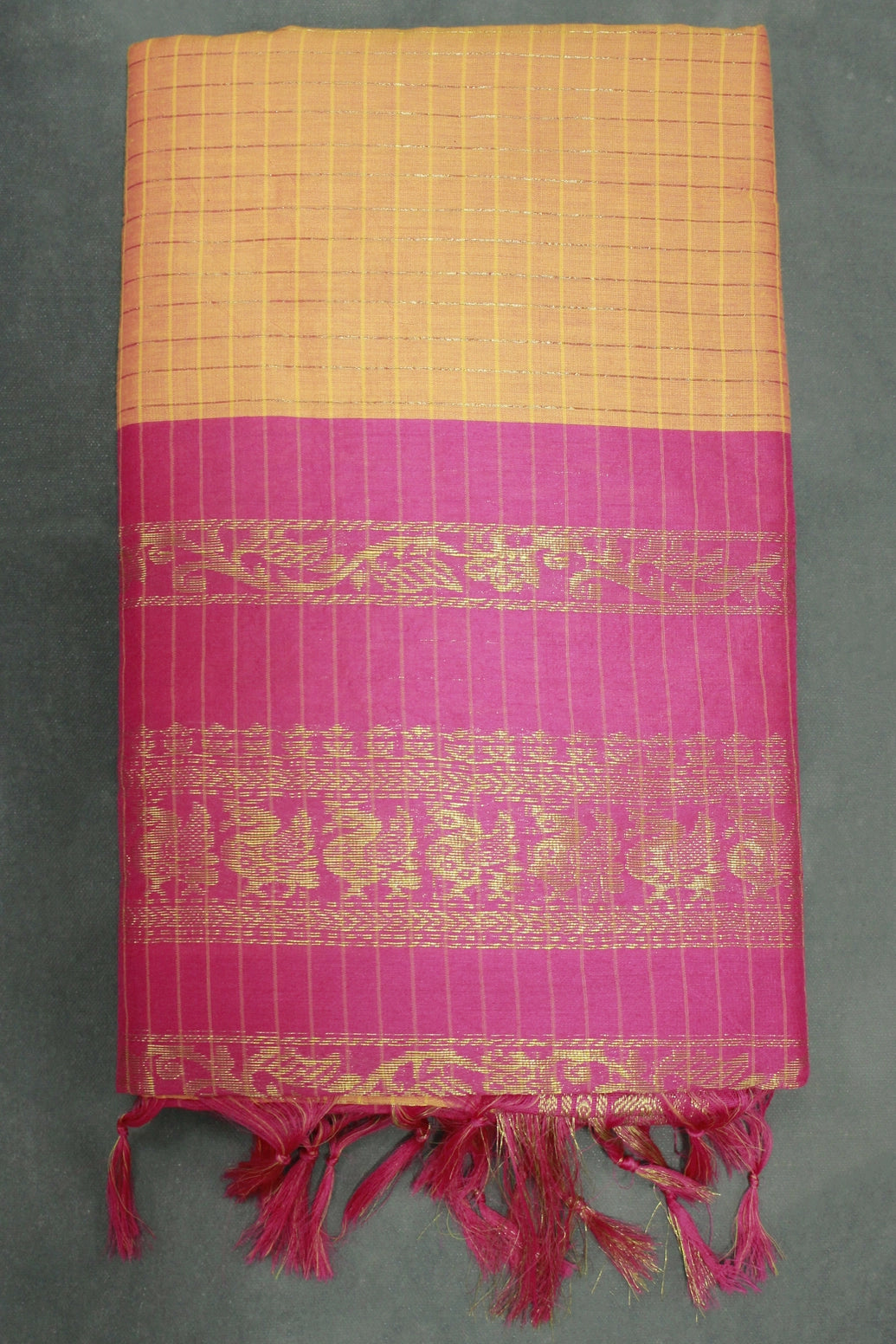 Kalyani Cotton Saree in Orange with Zari Checked & Zari Peacock Border and Blouse Piece - Orange