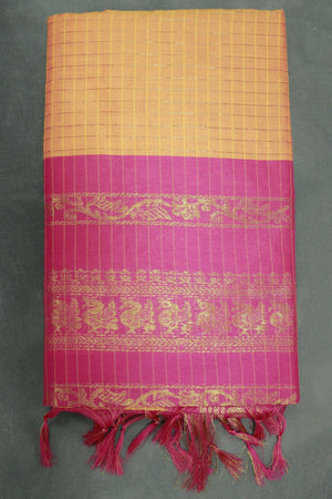Kalyani Cotton Saree in Orange with Zari Checked & Zari Peacock Border and Blouse Piece