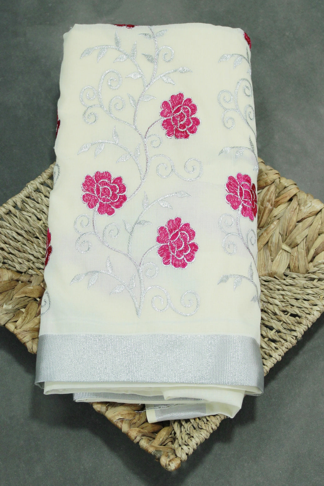 Half White Kerala Cotton Saree With Silver Zari Floral Embroidery and Thread Work - Half White