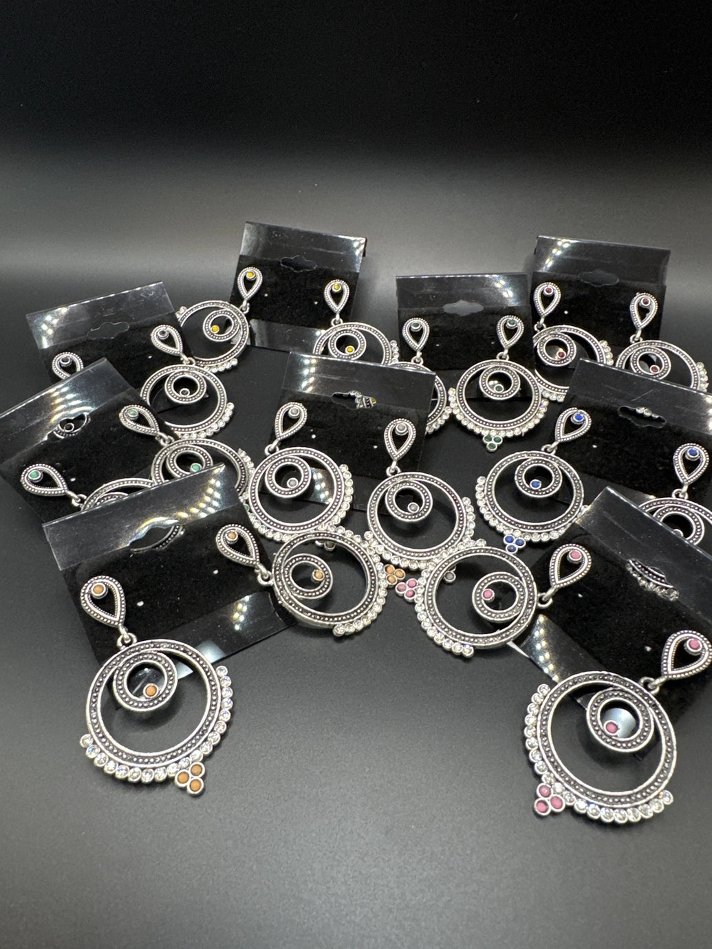 Oxidized Silver Spiral Drop Earrings with Coloured Stone Beads — 2 inch Traditional Indian Fashion Jewellery