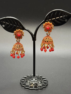 Red Antique Look Floral Jhumka Earrings - Gold-Tone