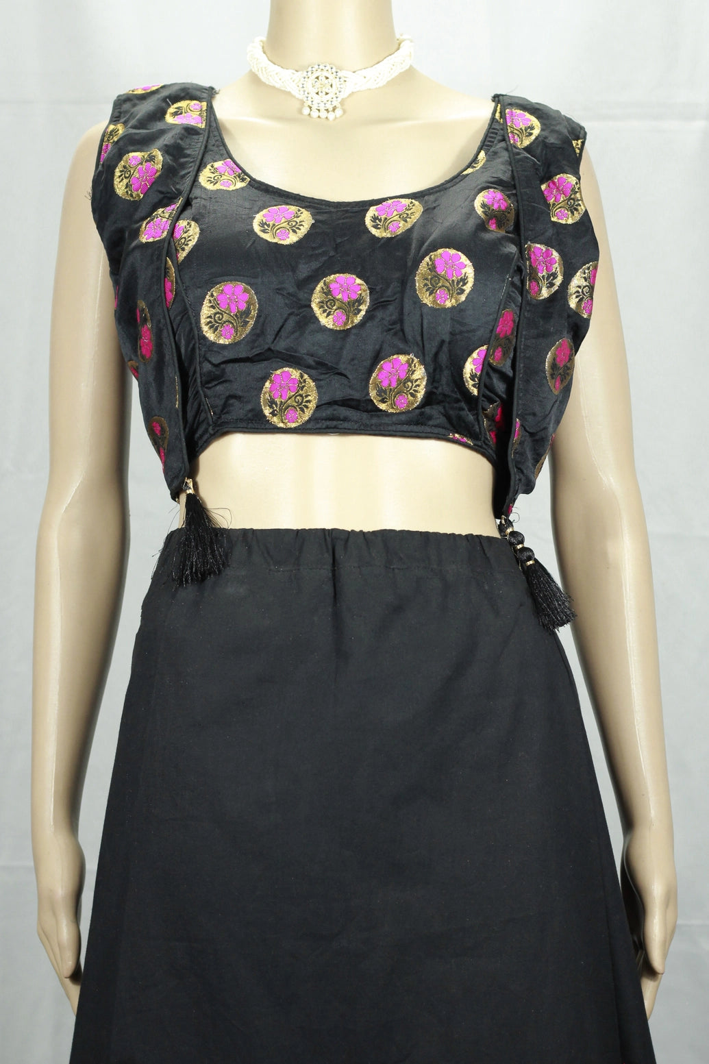 Readymade Designer Padded Blouse, Fully Stitched, Heavy jari thread work and tassel detailing, Elbow length sleeve, back knot, Upper Bust- - Black