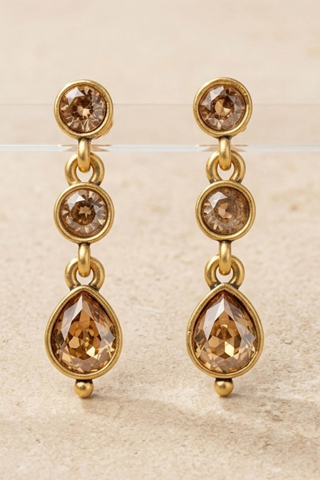 Gold-Tone Teardrop Dangler Fashion Earrings with Oval Stones, 3-Stone Vertical Design - Gold