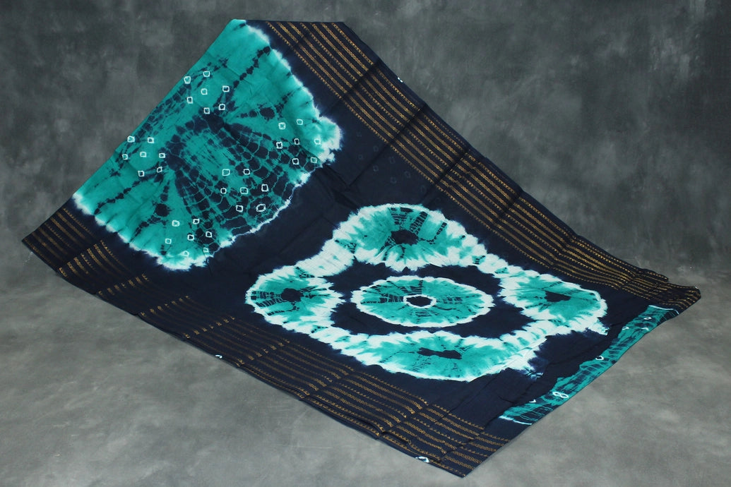 Teal Green Bandhani Sungudi Cotton Saree with Navy Zari-Striped Border Saree JCS Fashions Teal Green 5.5 meters