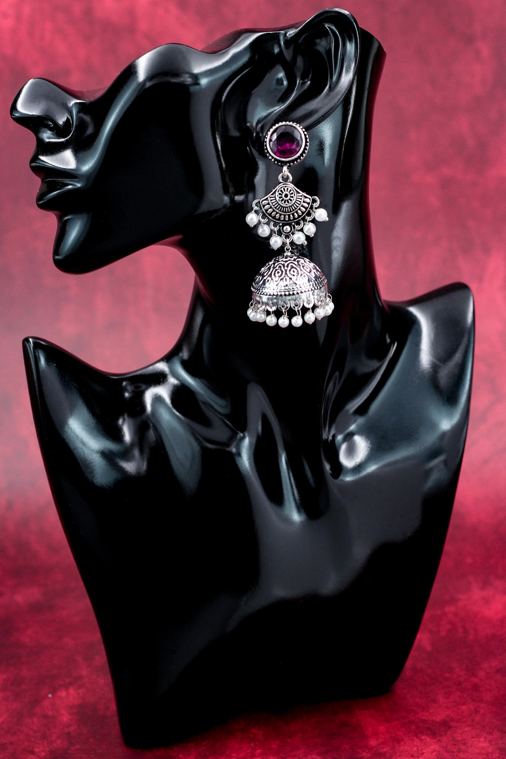 Oxidised Silver-Style Purple Stone Jhumka Earrings with Pearls - 2.8 inch Ethnic Stud Jewelry JCS Fashions