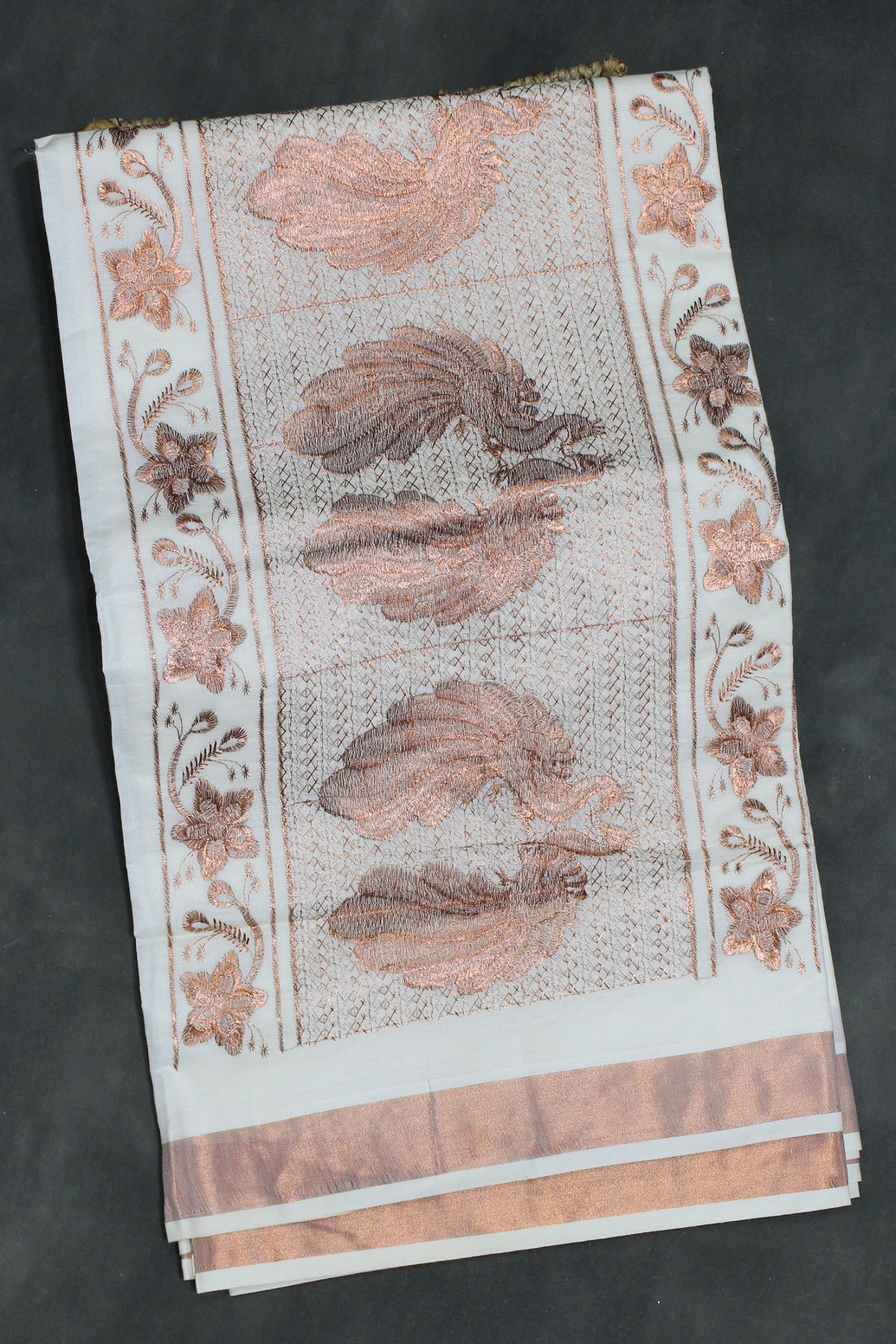 Pure Kerala Cotton White Saree with Copper Zari Peacock & Floral Machine Embroidery, Lightweight Traditional Saree with Blouse Piece - White