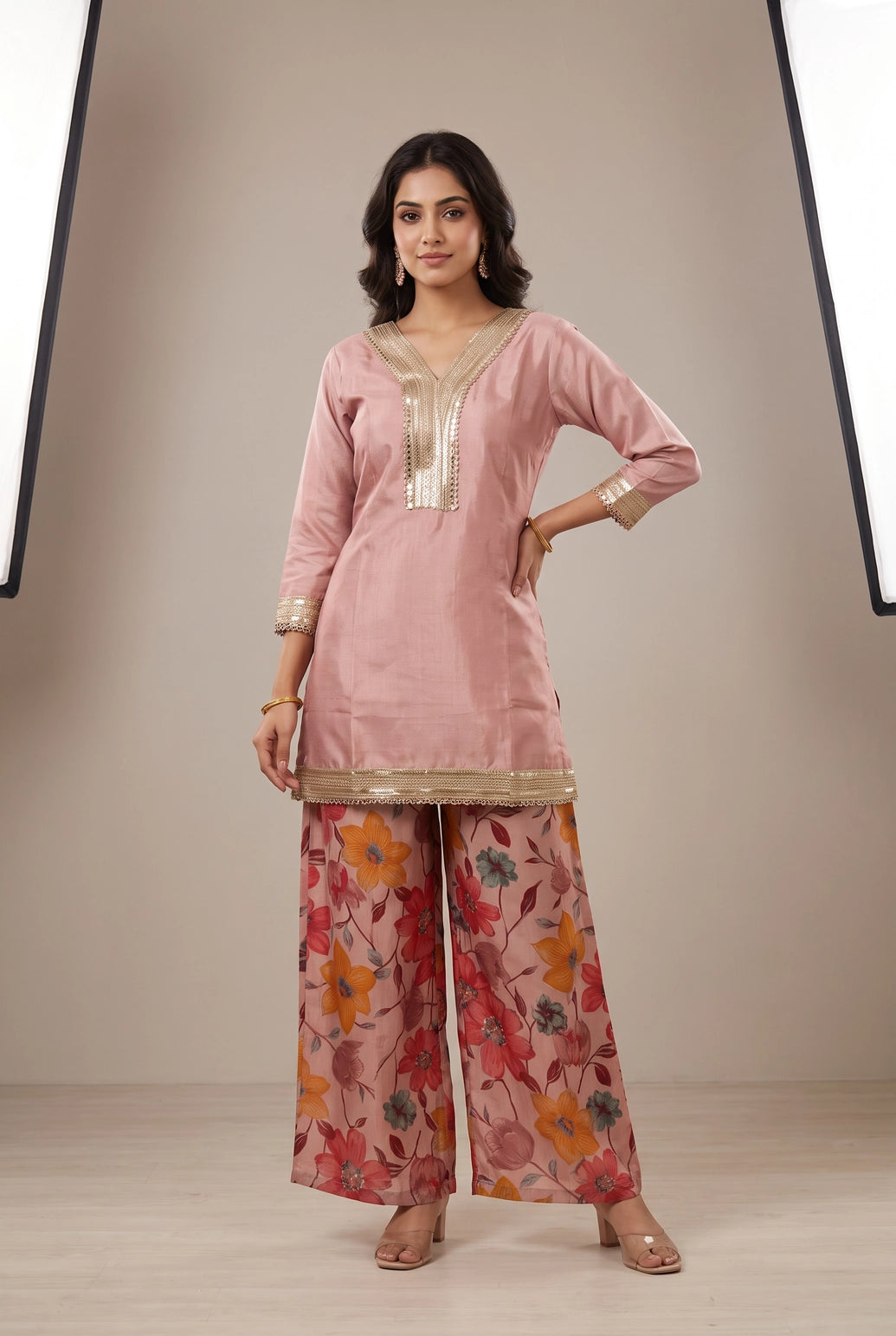 Pastel Pink Cotton 3-Piece Kurti Set with V-Neck Golden Embroidery, Sequins & Mirror Work, Pant & Dupatta - Pastel Pink