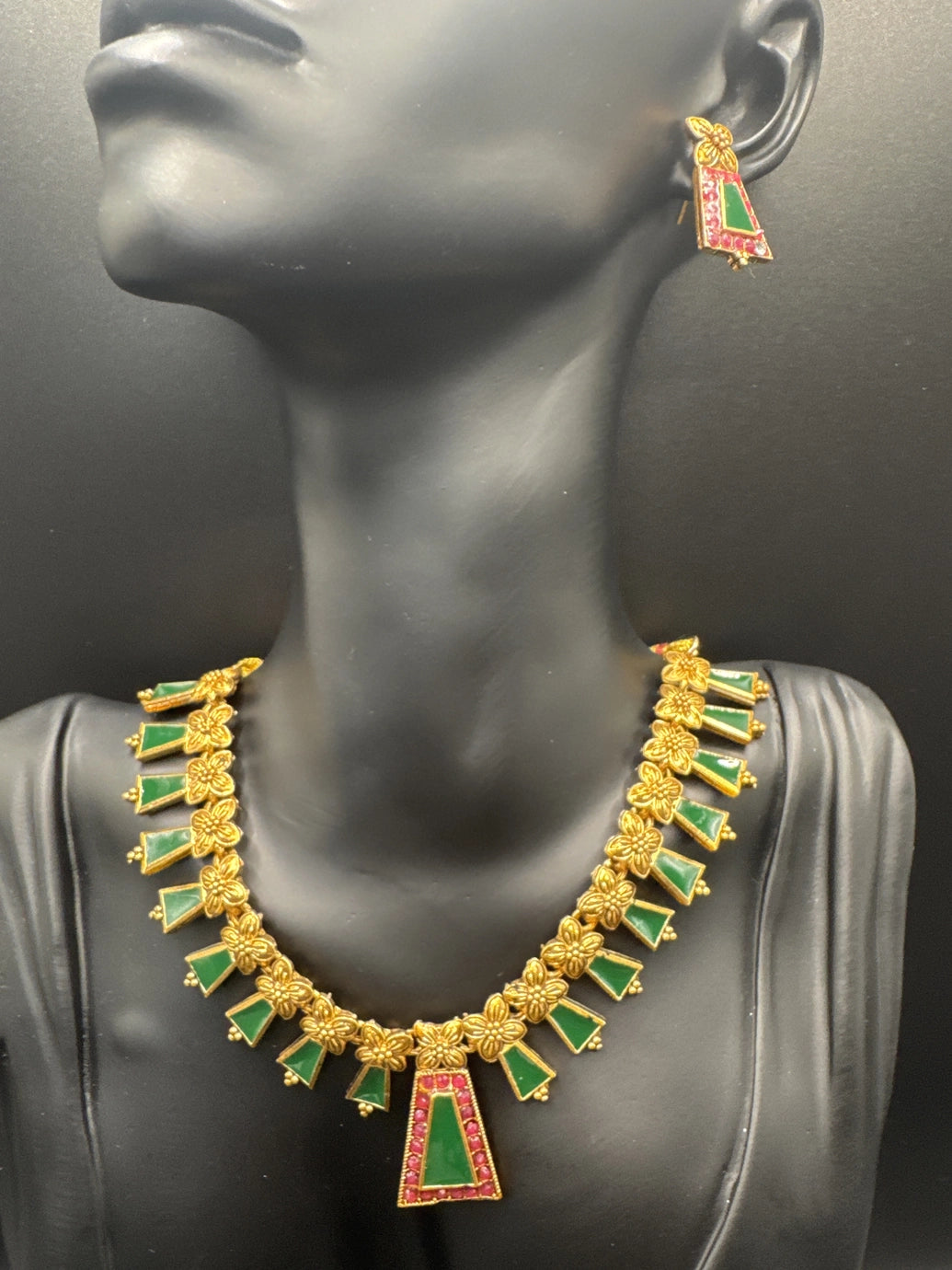 Gold-Tone Floral Neckset with Green & Red Stones - Traditional Ethnic Brass Look Necklace Set for Sarees & Ethnic Wear - Red & Green