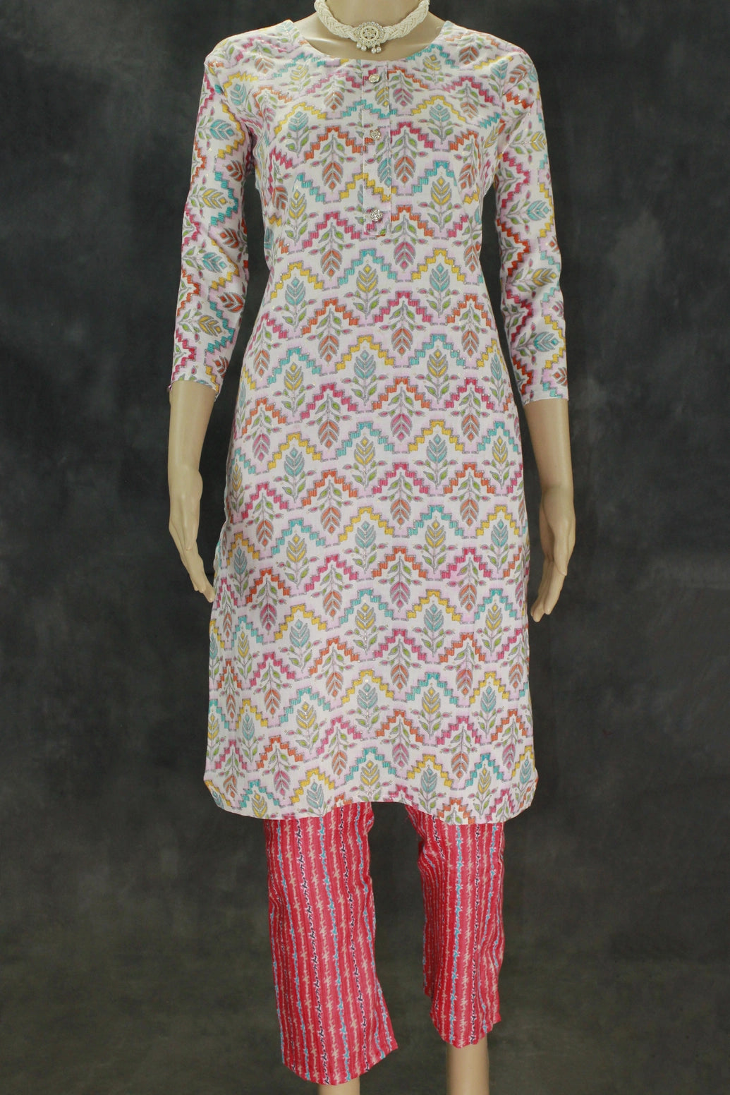 Cotton Printed Kurta Set – Cream Multicolor Kurti with Red Elastic Pants