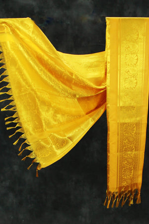 Yellow Zari Pattu Shawl with Fringe for Ponnadai, Arangetram and Traditional Events