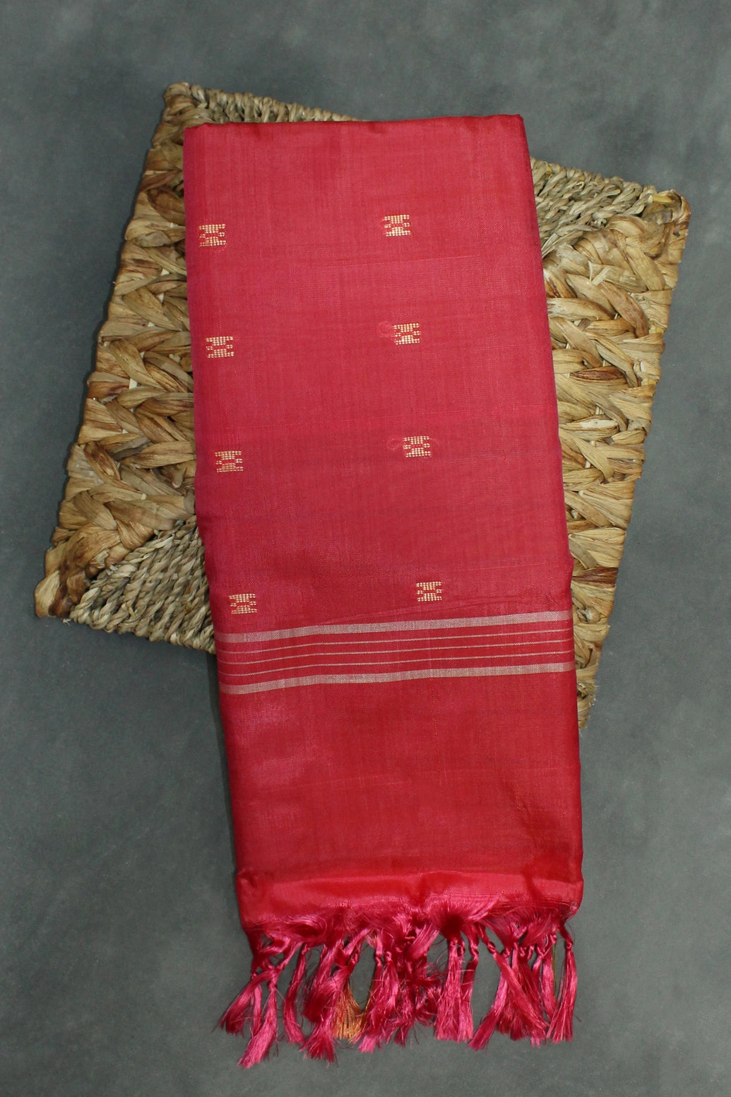 Vaazhai Naar Banana Pith Saree - Mustard & Red, Borderless with Small Butta - Mustard & Red