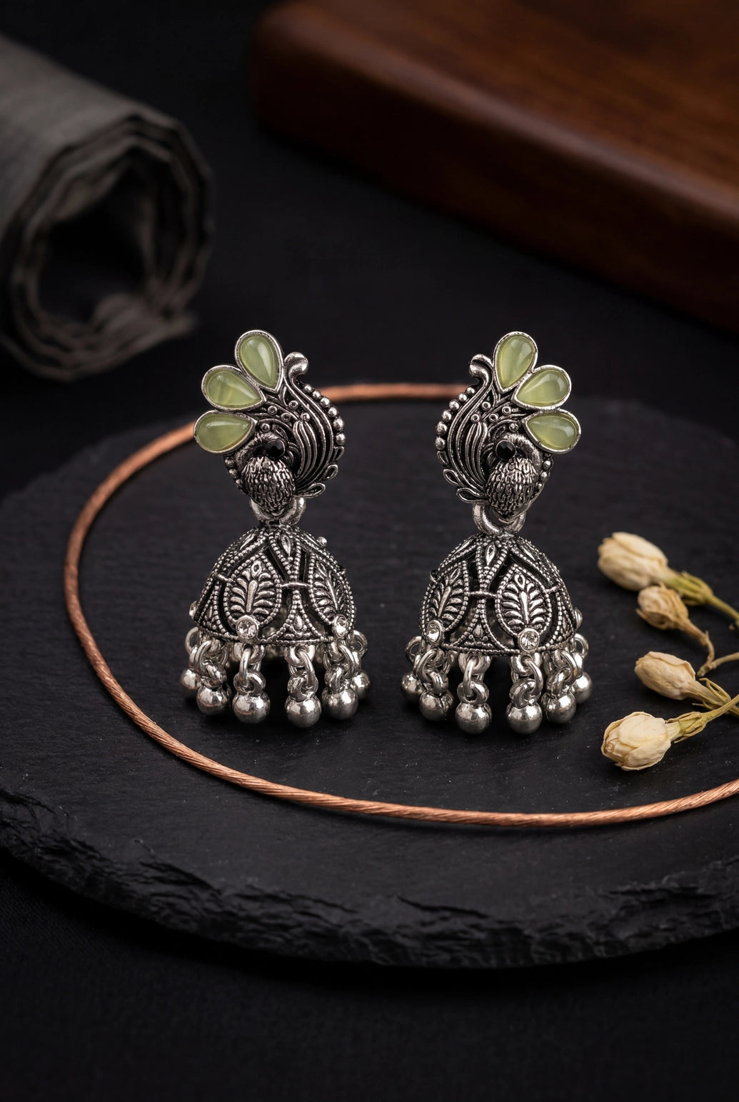 Lemon Yellow Leaf Jhumka Oxidized Silver-Tone Fashion Earrings with Ghungroo Dangles - Lemon Yellow