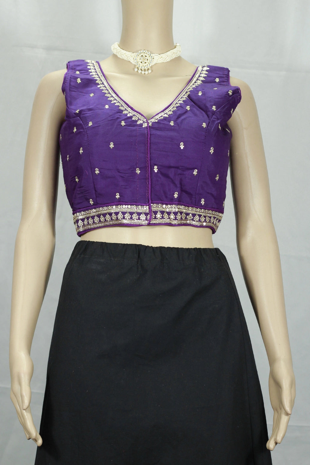 Purple Readymade Padded Designer Blouse with Zari Border, Deep Neck and Back Knot, Fully Stitched - Purple
