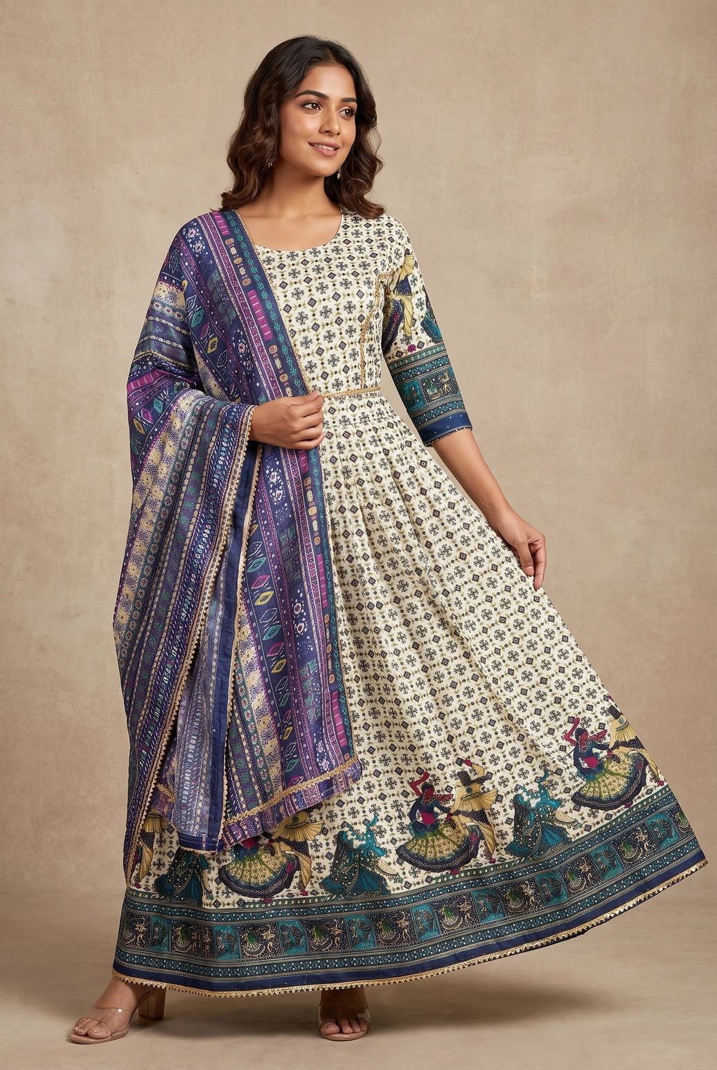 Navy Blue Designer Navratri Chaniya Choli with Folk Border and Flared Lehenga Skirt for Festive Wear - Navy Blue