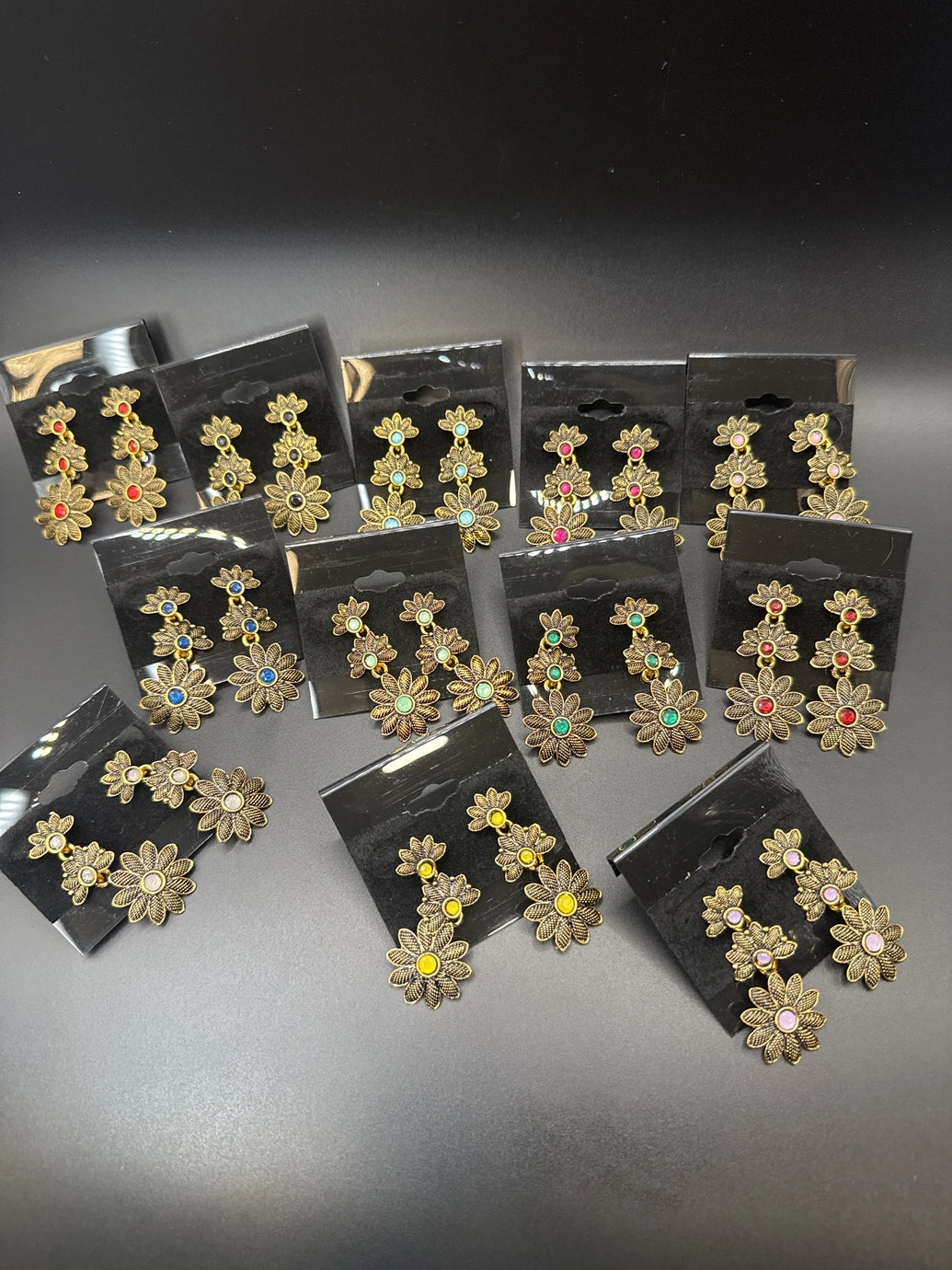 Antique Gold-Tone Floral Drop Earrings with Multi-Colored Stones