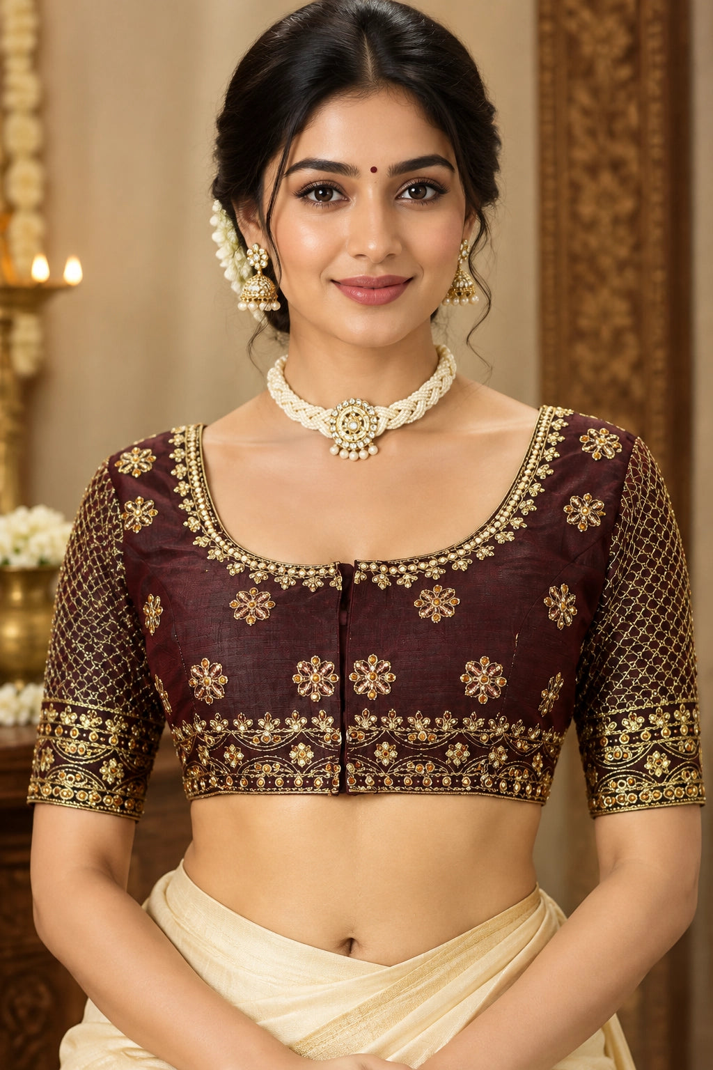 Brown Readymade Designer Padded Blouse with U-Shape Neckline and Floral Zari Butta Work for Women - Brown