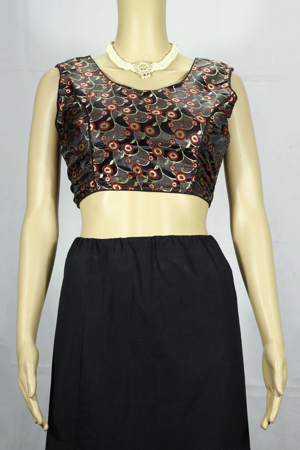 Black Readymade Designer Padded Blouse with Zari Circular Motifs, Back Knot and Sleeveless Fit - Black