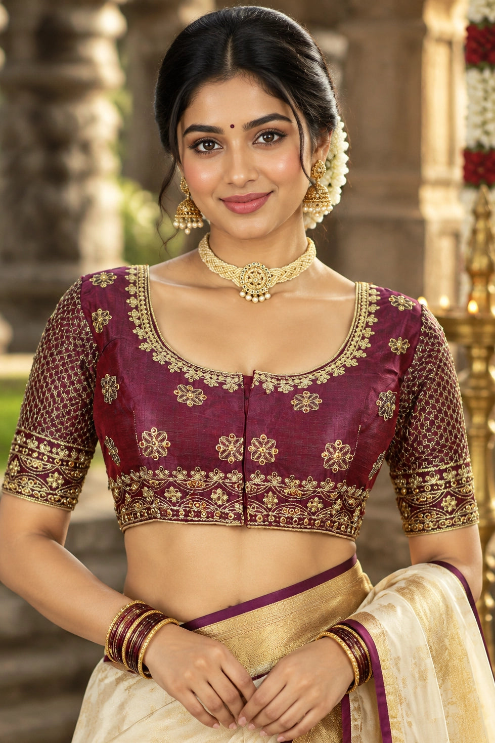 Purple Padded Readymade Blouse with Zari Floral Butta Work, U-Neck, Elbow Sleeve & Back Knot for Women - Purple