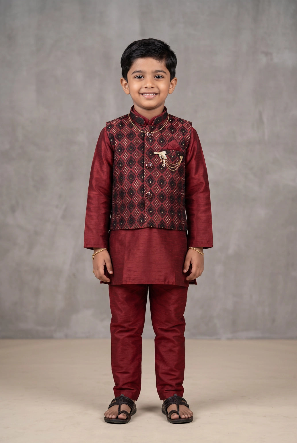 Boys Maroon Koti 3-Piece Kurta Set with Printed Nehru Jacket, Matching Pants & Brooch Detail - Maroon