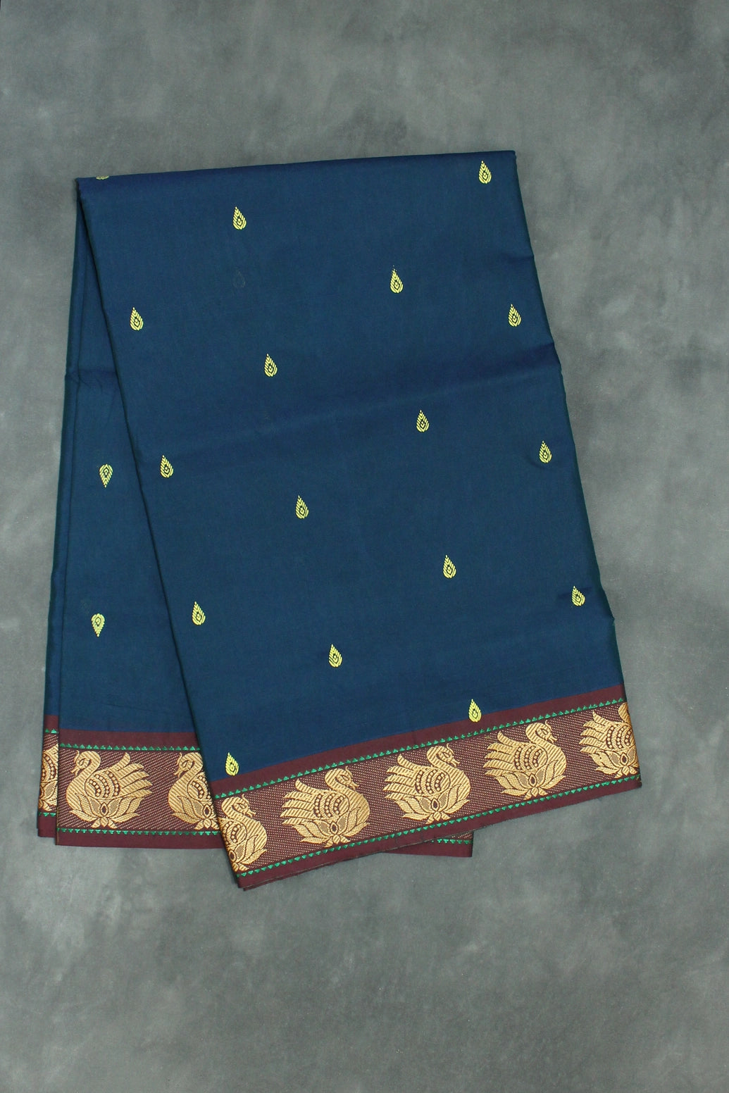 Navy Blue Poly Cotton Butta Saree with Gold-Coloured Thread Temple Border Saree JCS Fashions Navy Blue 5.5 meters
