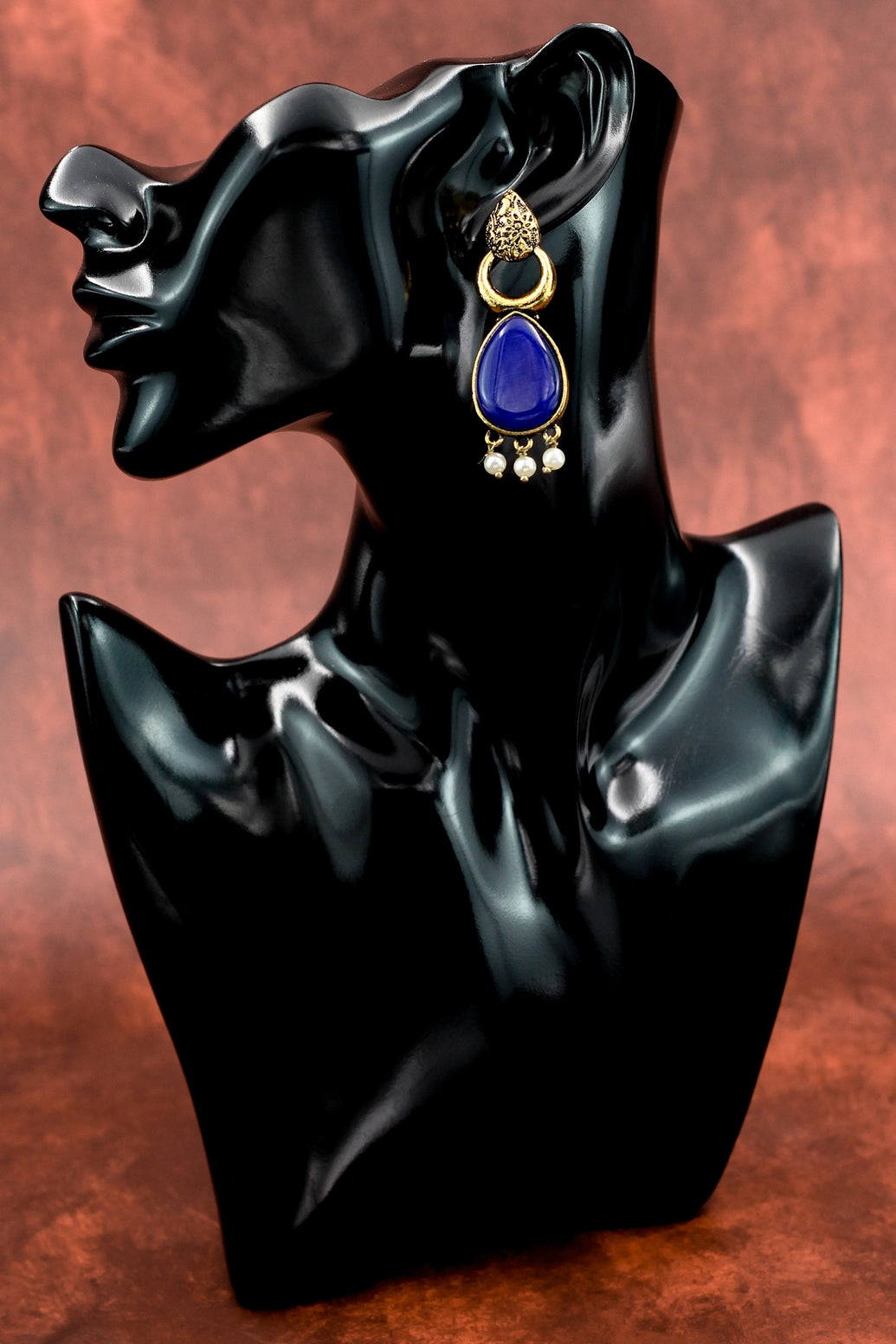 Gold-Tone Blue Teardrop Ethnic Earrings with Pearl Drops – Traditional Fashion Jewellery Jewelry JCS Fashions Blue 2.5 inch