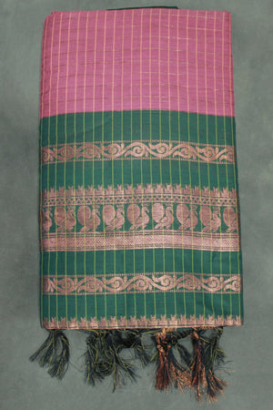 Onion Pink Cotton Kalyani Saree with Zari Checked Border and Zari Peacock Border, Blouse Included