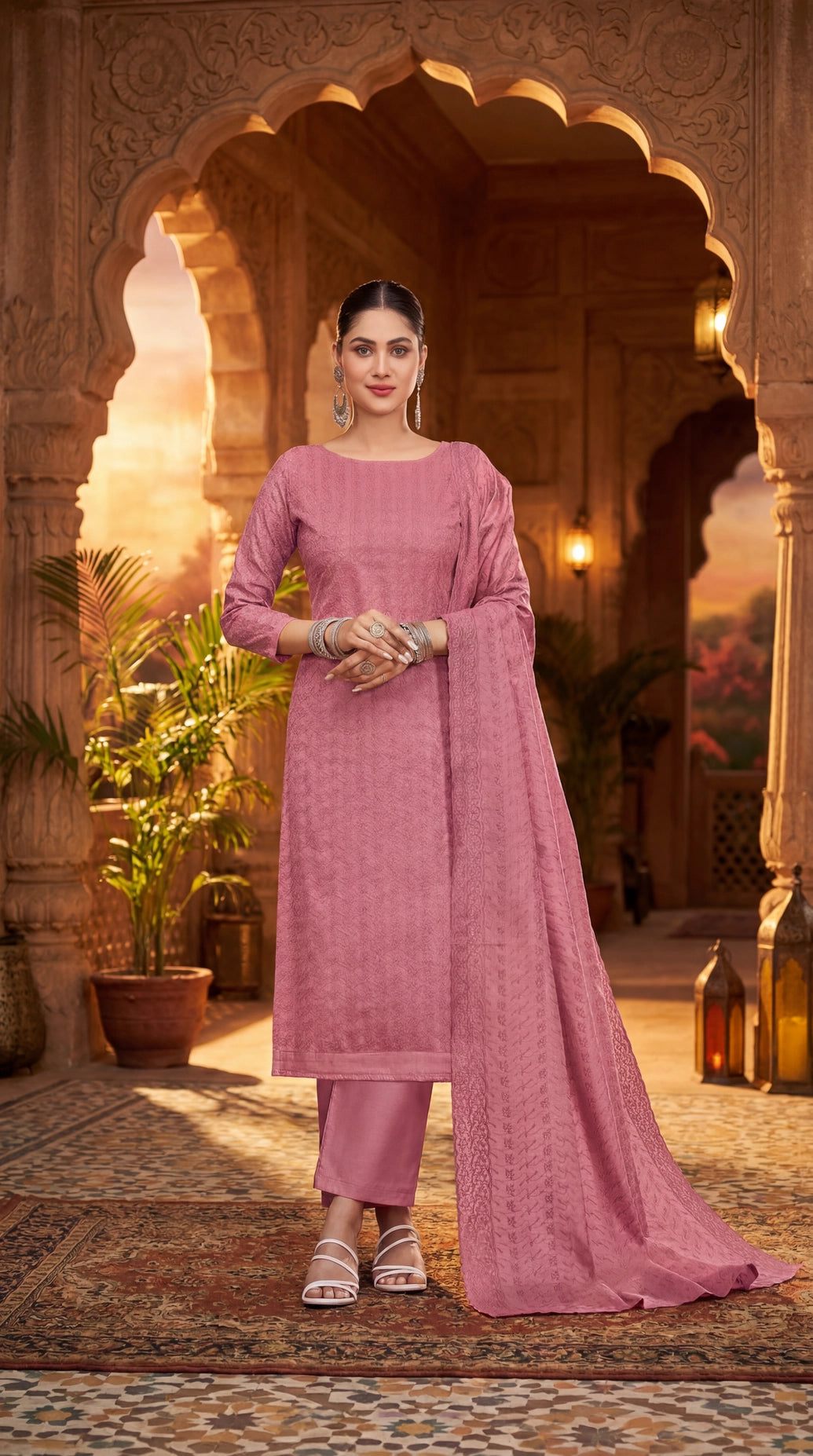 Dark Pink Cotton Kurti 3-Piece Set with Elastic Pant and Schiffli Work Dupatta - Dark Pink