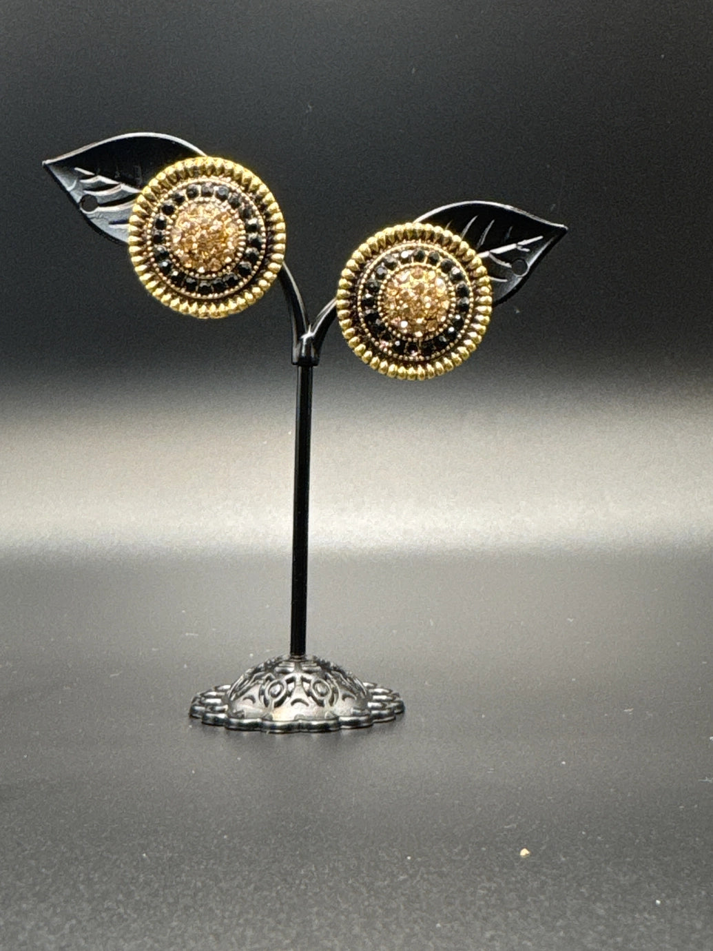 Black & Gold Spiral Stud Earrings – 0.5" Round Ethnic Fashion Studs