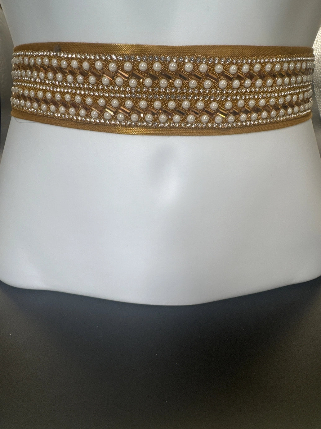 Gold-tone Embellished Pearl & Crystal Hip Belt - Elastic Adjustable Traditional Waistband for Saree and Lehenga Jewelry JCS Fashions Gold 28 - 32 inches