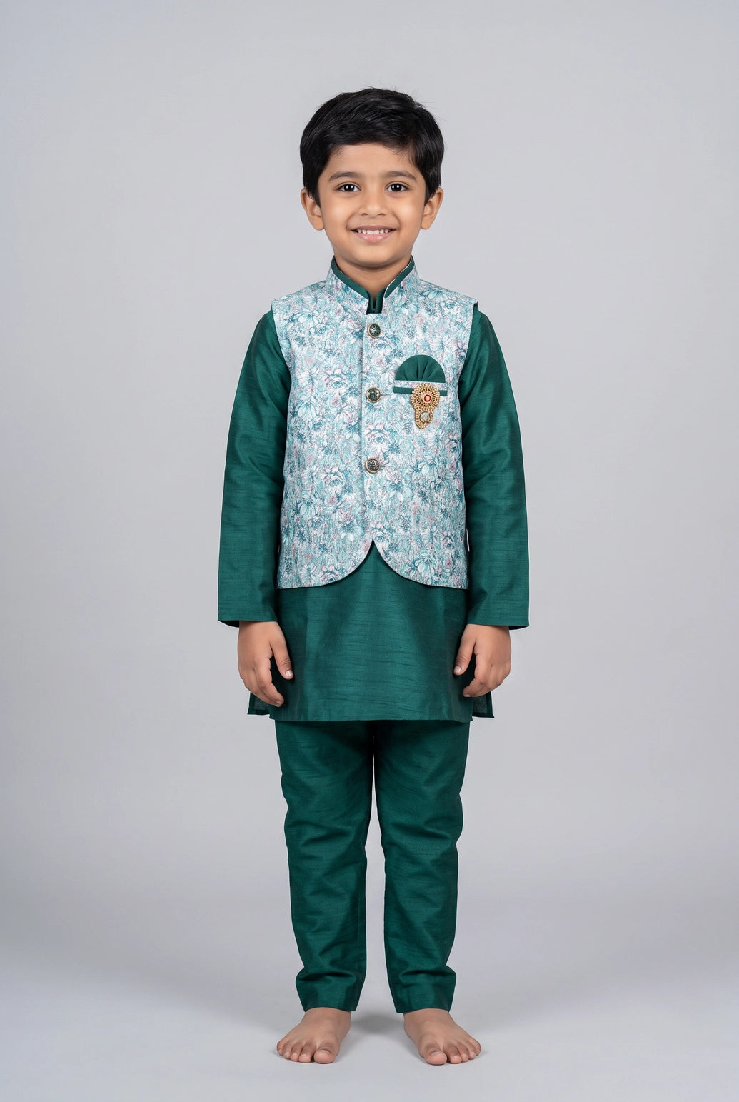 Boys Aqua Green Koti Kurta Set with Printed Sleeveless Waistcoat, Cotton 3-Piece Ethnic Outfit - Aqua Green