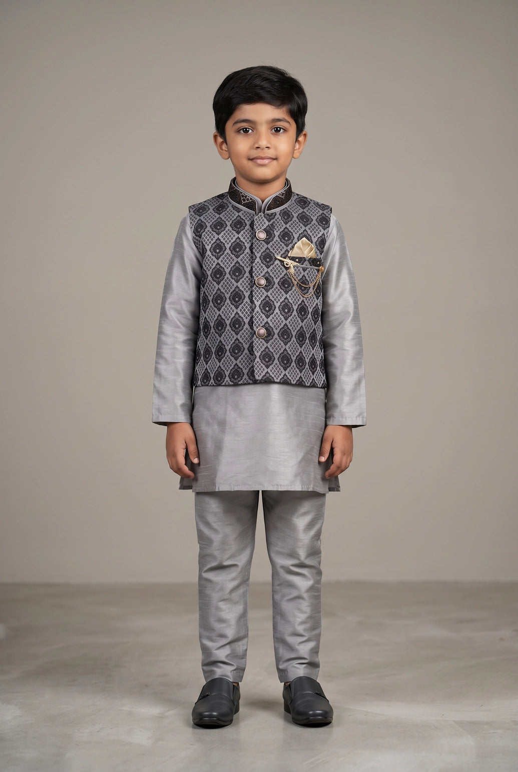 Boys Charcoal Grey Koti Kurta Set with Nehru Jacket, Printed Nehru Waistcoat and Matching Pants - Charcoal Grey