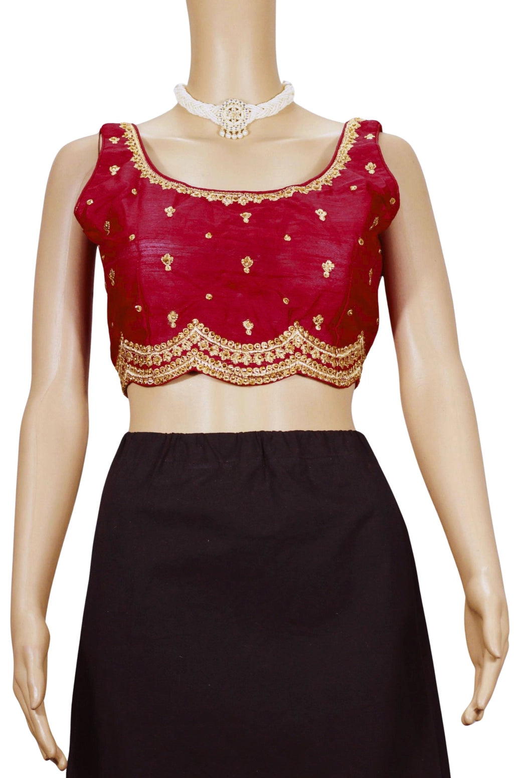 Maroon Readymade Padded Saree Blouse with Sequin Floral Motifs, Sleeveless Back Knot, Designer Stitching - Maroon