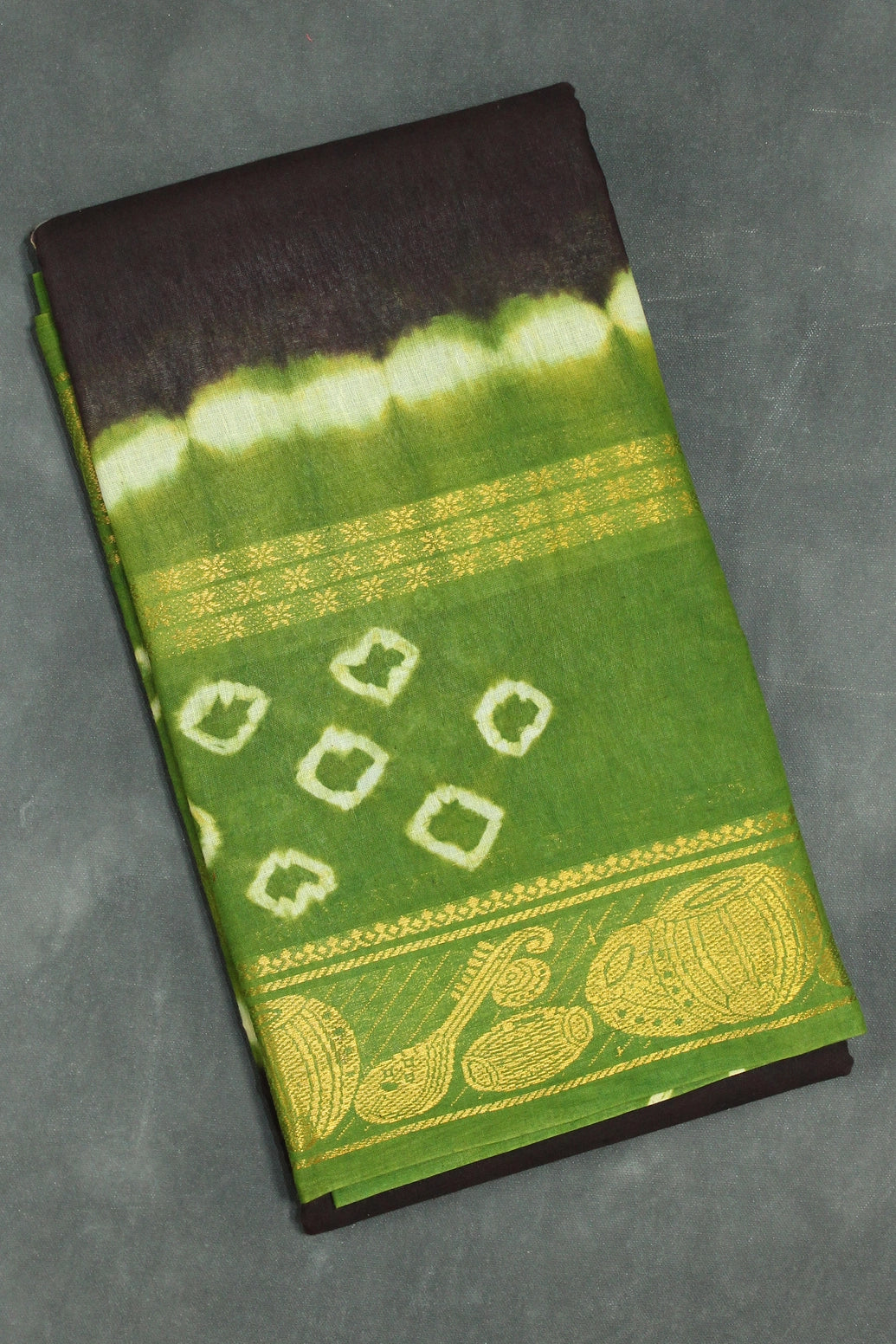 Pure Sungudi Cotton Bandhani Saree with Golden Zari Border - Dark Brown & Green - Dark Brown